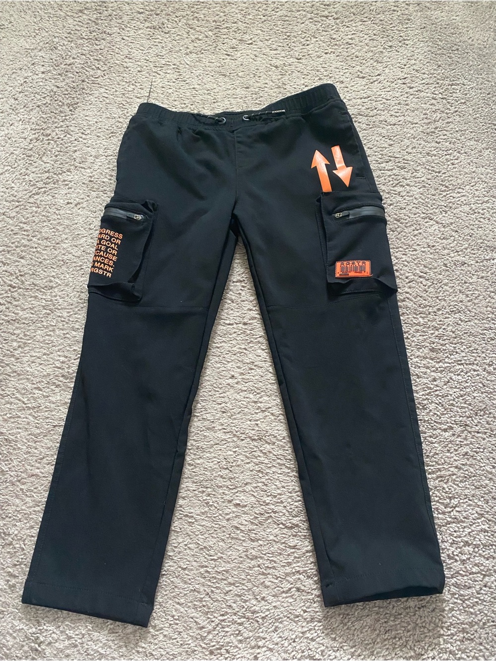 Boys Black Cargo Pants with Orange Accent Graphics